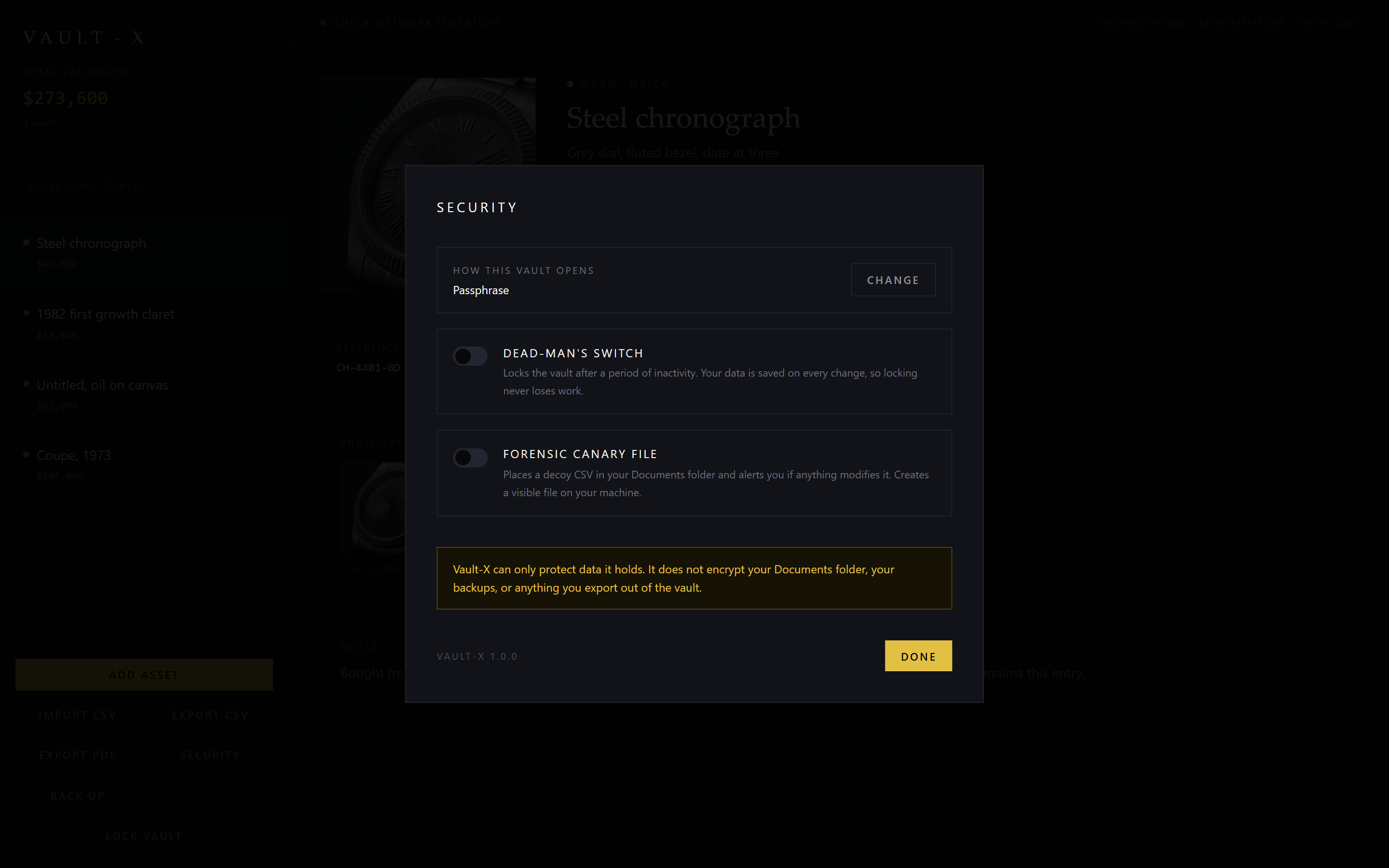 The Vault-X backup dialog, asking for a backup passphrase and explaining that the file contains every asset, photograph and video.