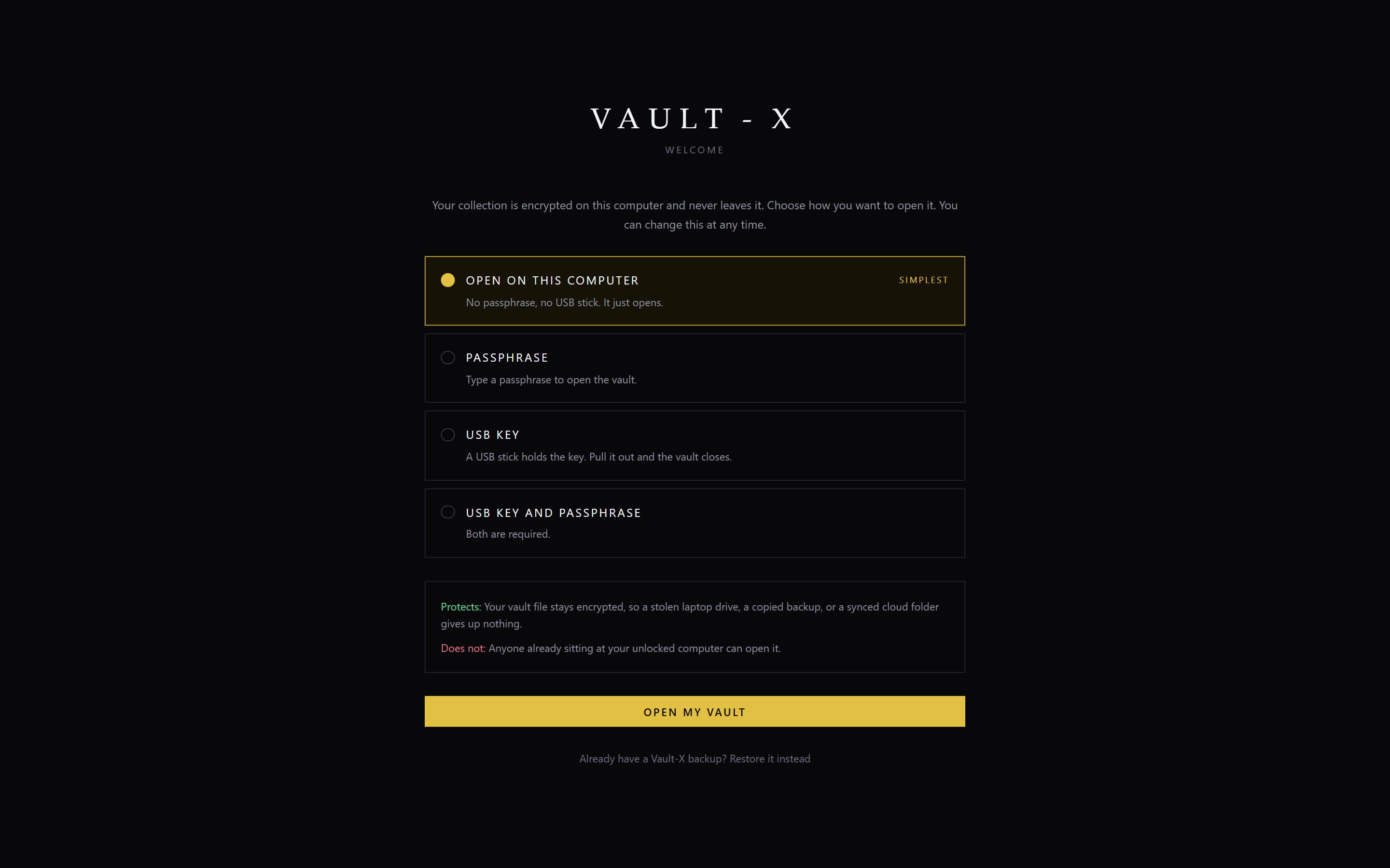 The Vault-X welcome screen offering four protection levels, with Open on this computer selected and marked Simplest, and a panel below stating what that level protects against and what it does not.