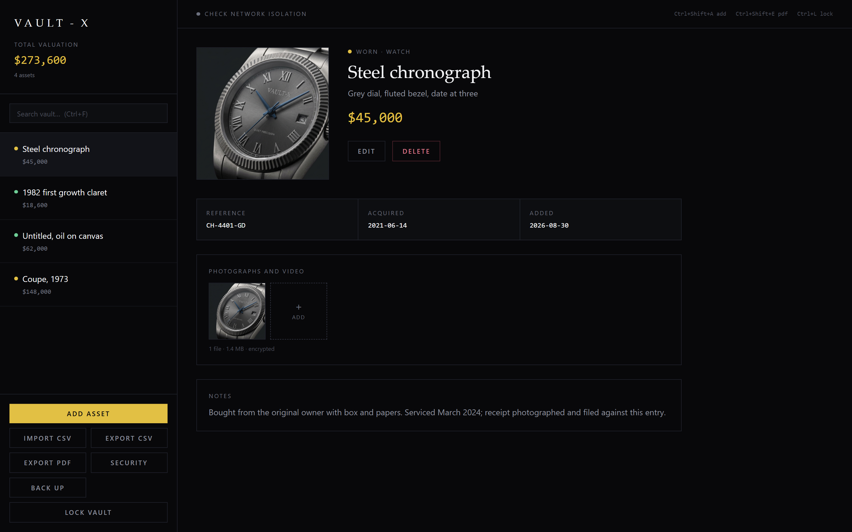 The Vault-X main window: a sidebar listing items with valuations and a total, beside a detail panel showing a steel chronograph with its reference, acquisition date, encrypted photograph and notes.